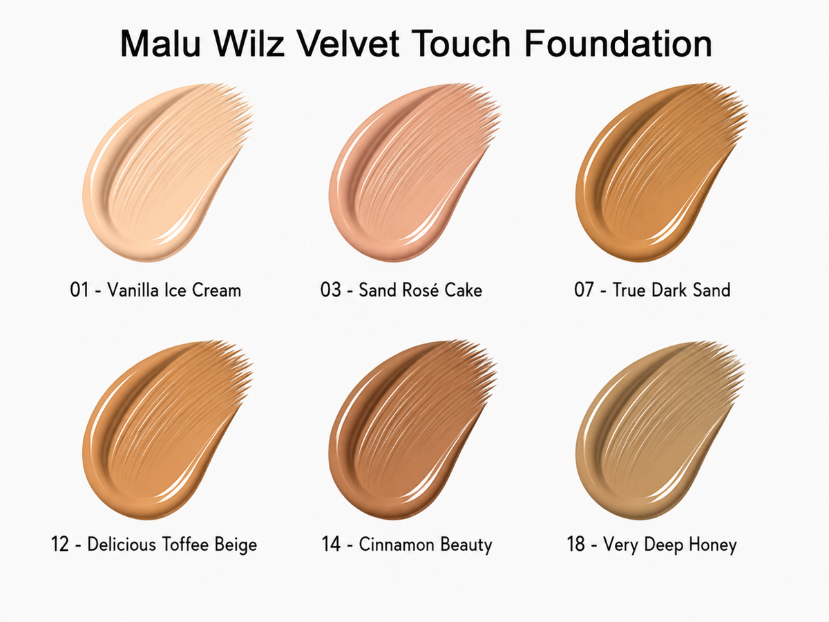Malu Wilz Velvet Touch Foundation Farben. Bitte beachten: Farben können je nach Computer abweichen.